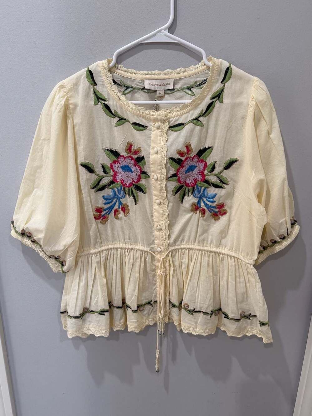 Jennifer & Grace Embroidered Floral Peplum Blouse with beaded ties - Size M